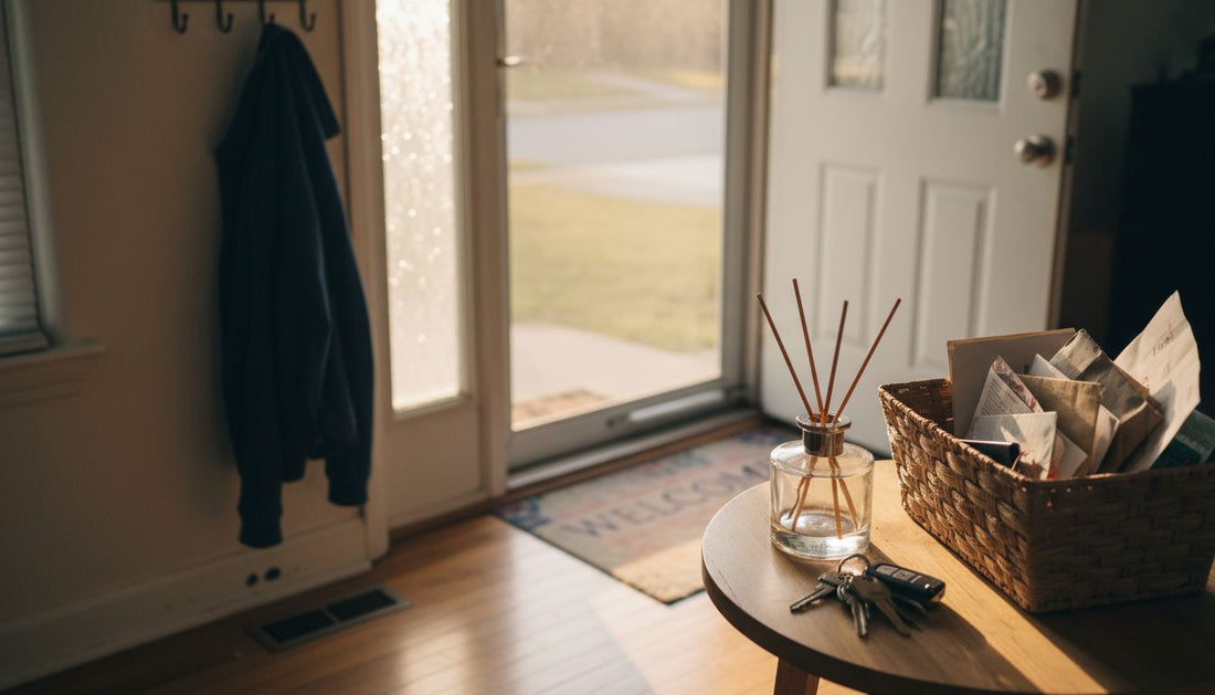 Reed diffuser on home entryway table sunlight