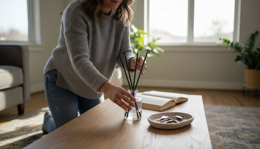 Woman setting reed diffuser on coffee table