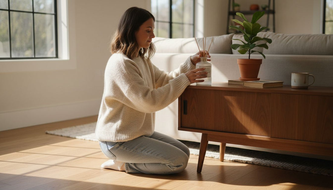 Woman setting up diffuser in living room