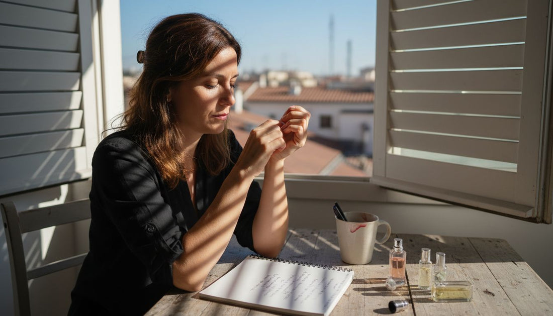 Woman testing fragrance at sunlit table