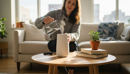 Woman setting up diffuser in cozy living room