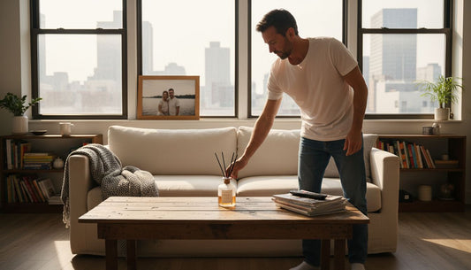 Person placing reed diffuser in bright living room