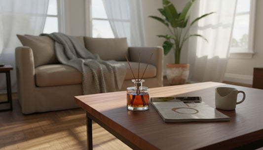 Reed diffuser on coffee table in lived-in room