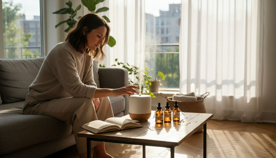 Woman using diffuser oils in cozy sunlit living room