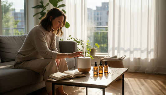 Woman using diffuser oils in cozy sunlit living room