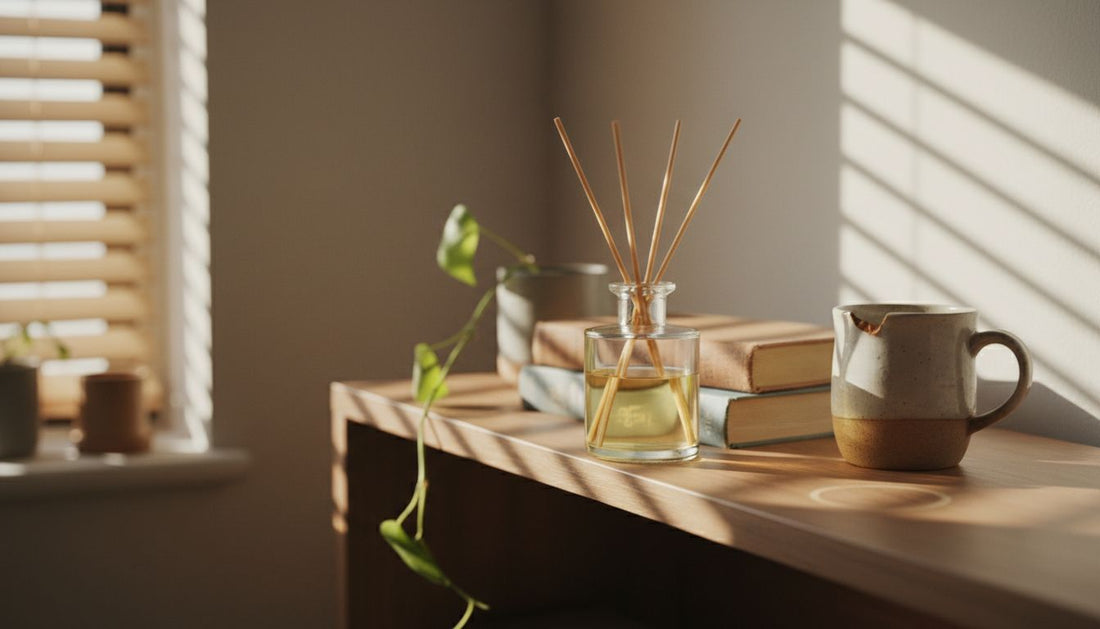 Reed diffuser on shelf beside books and mug