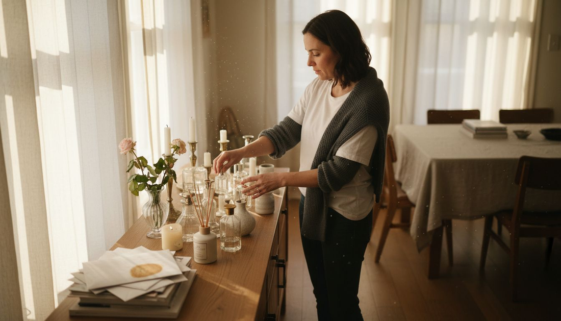 Woman arranging scent collection on sideboard