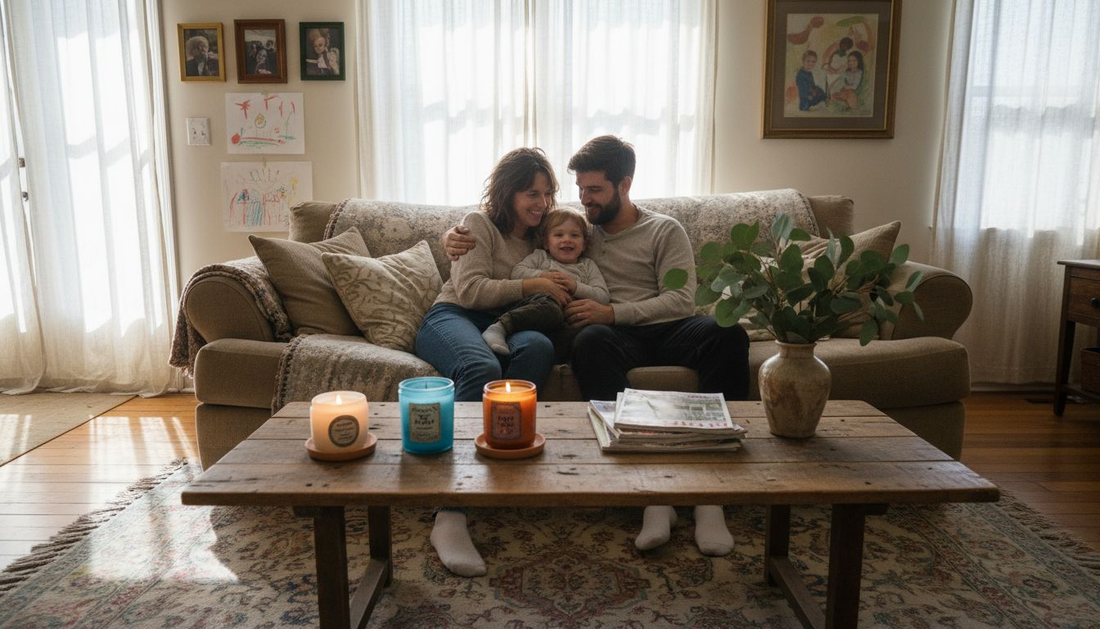 Family relaxes in sunlit living room with candles