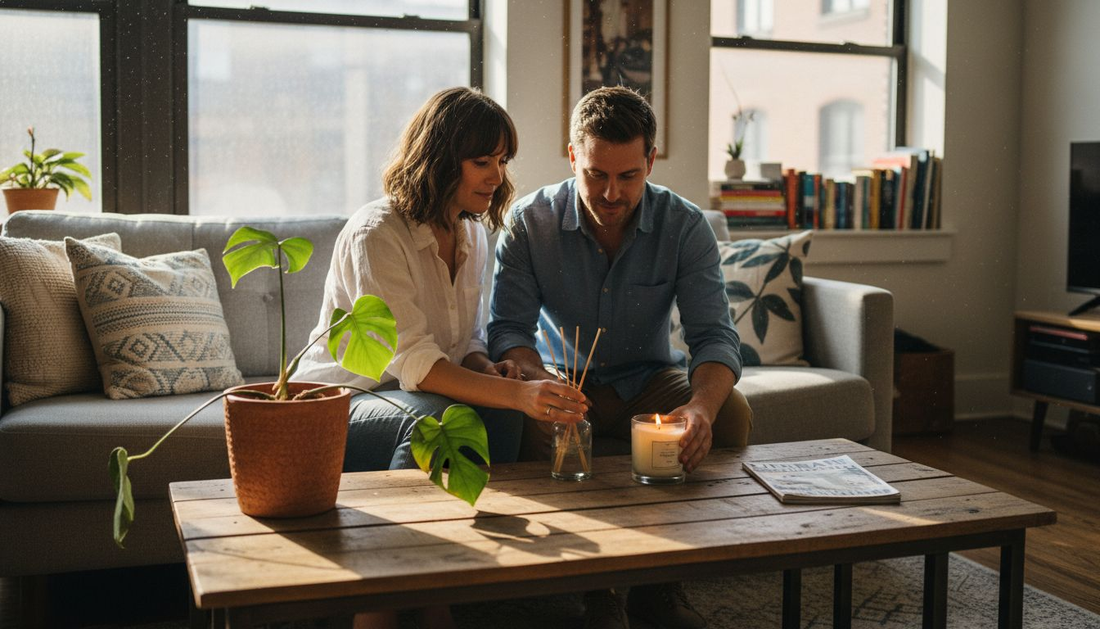 Couple arranging fragrance in bright living room