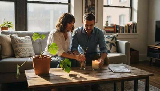 Couple arranging fragrance in bright living room