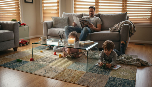 Family relaxing in living room with scent candle