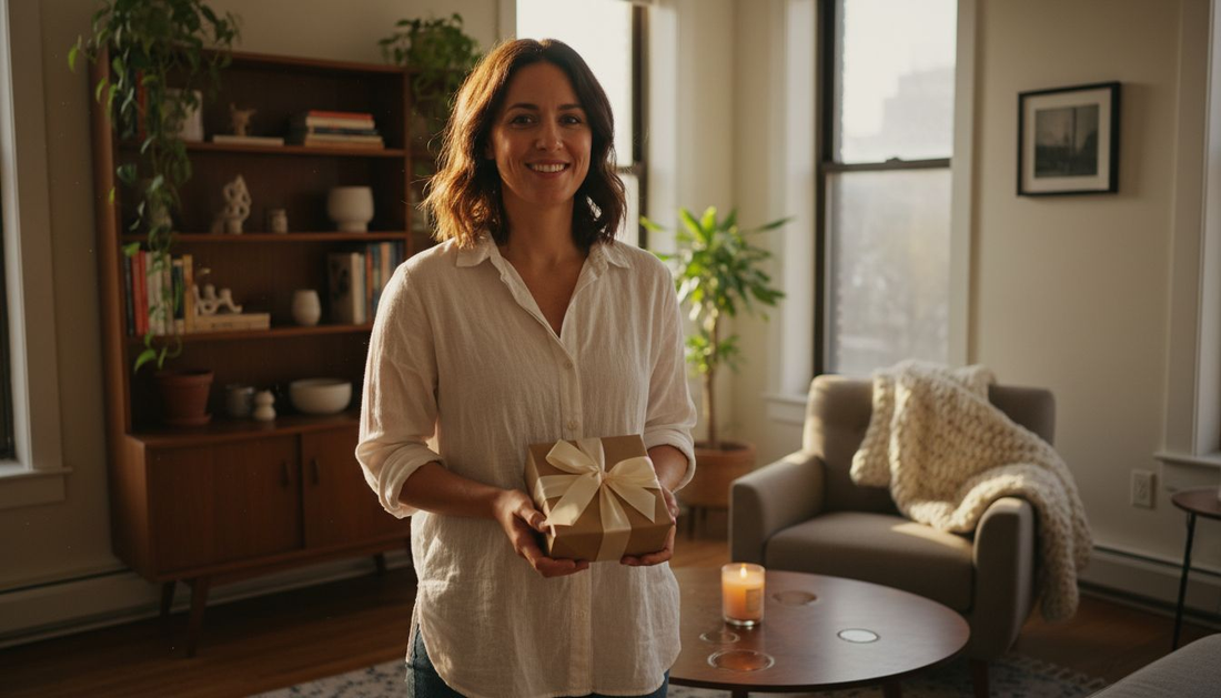 Woman gifting candle in cozy apartment