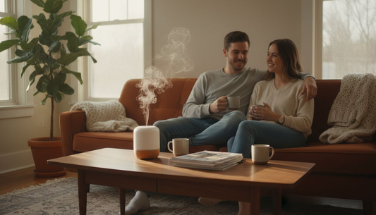 Couple relaxing with diffuser in living room