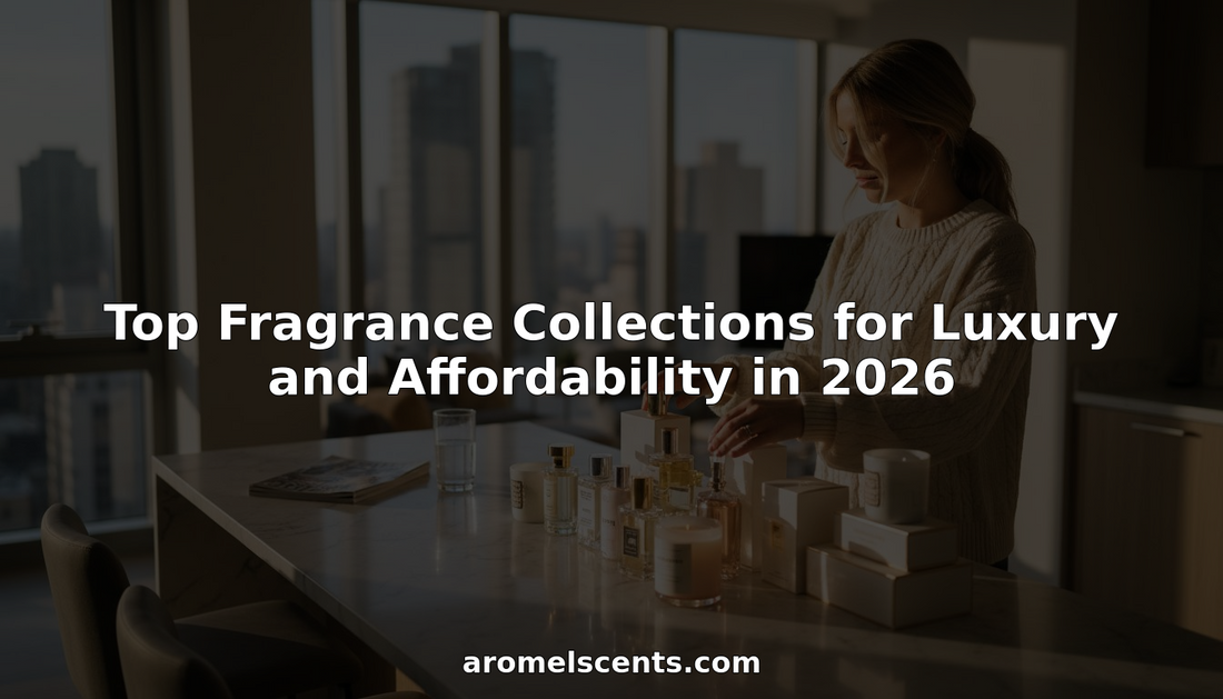 Woman displaying designer fragrance and candle collection