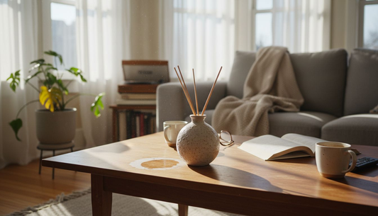Reed diffuser on coffee table in sunlit living room