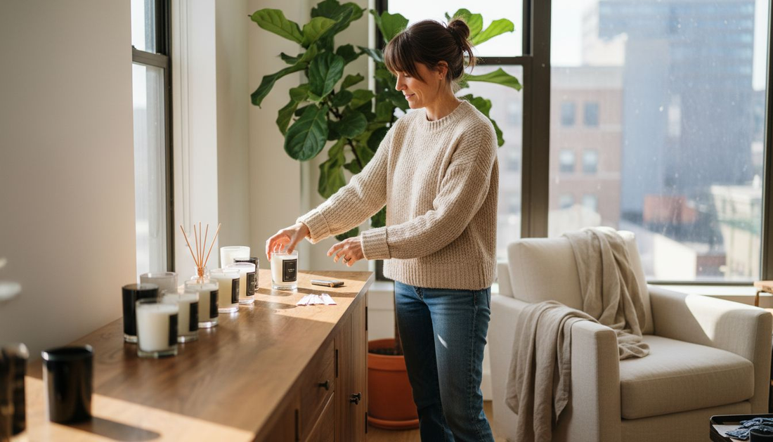 Woman arranging candles and diffusers in living room