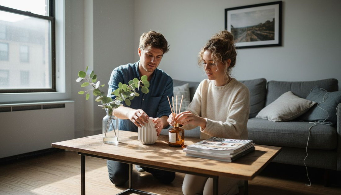Couple arranging diffusers in sunlit living room