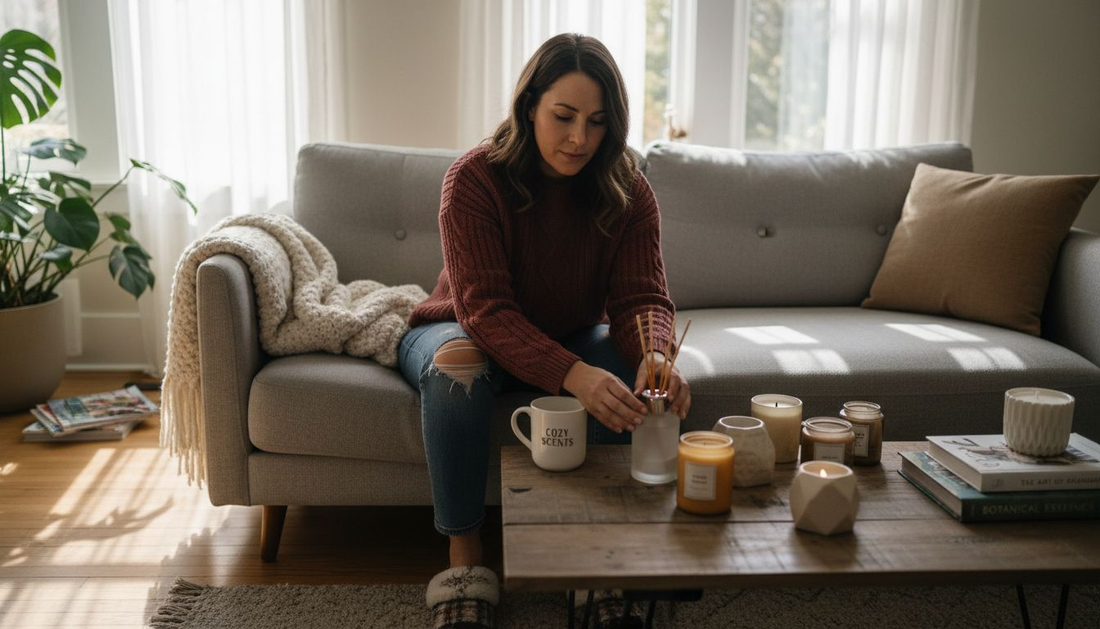 Woman arranging fragrances in living room