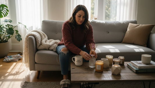 Woman arranging fragrances in living room