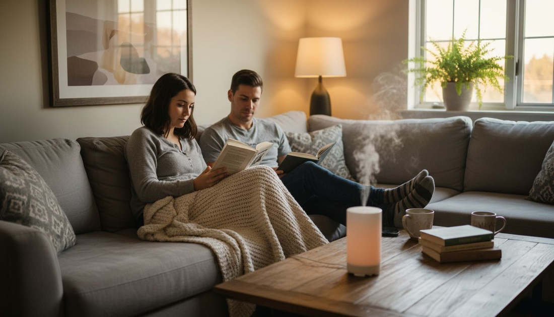 Couple relaxing with diffuser in cozy living room