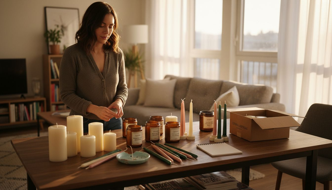 Woman evaluating multiple types of candles in cozy home