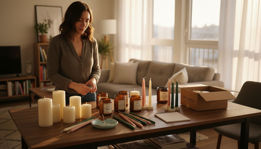 Woman evaluating multiple types of candles in cozy home
