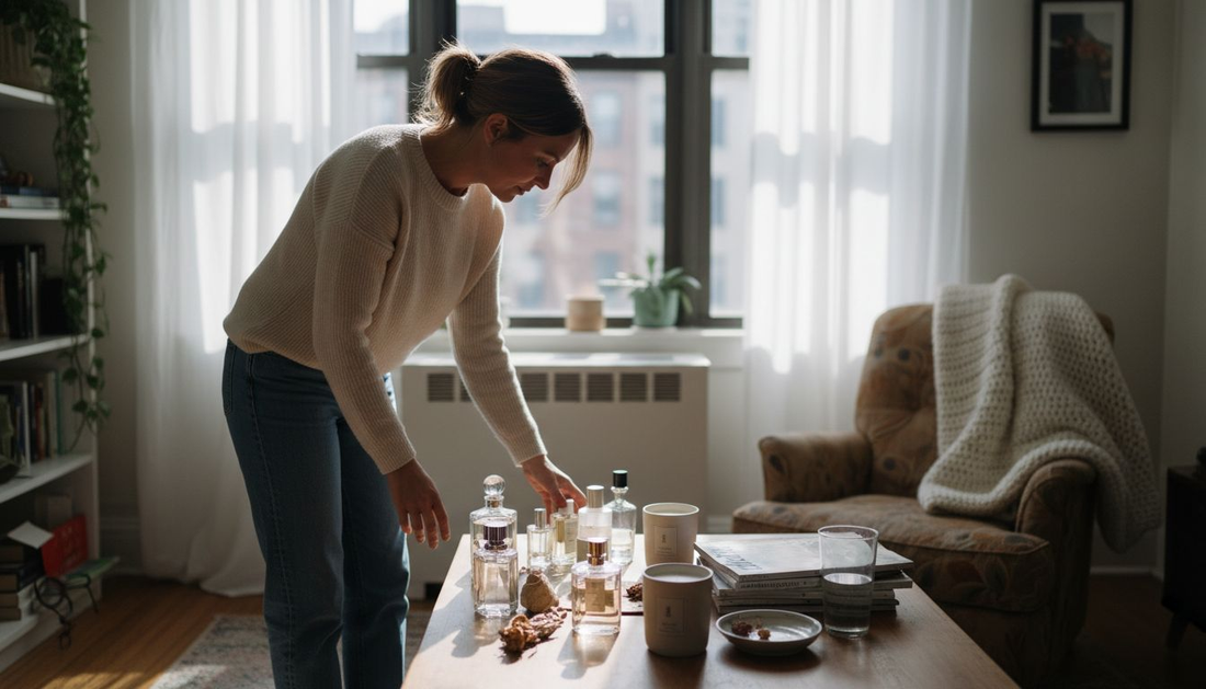 Woman choosing fragrances in cozy living room