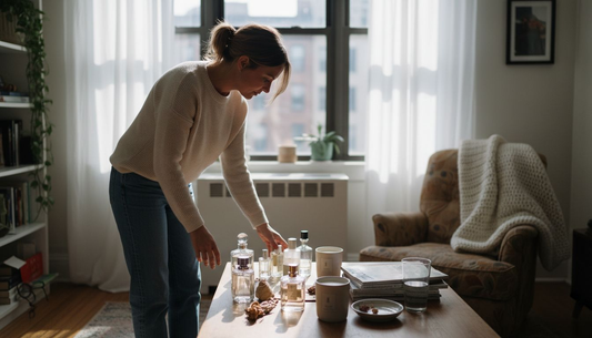Woman choosing fragrances in cozy living room