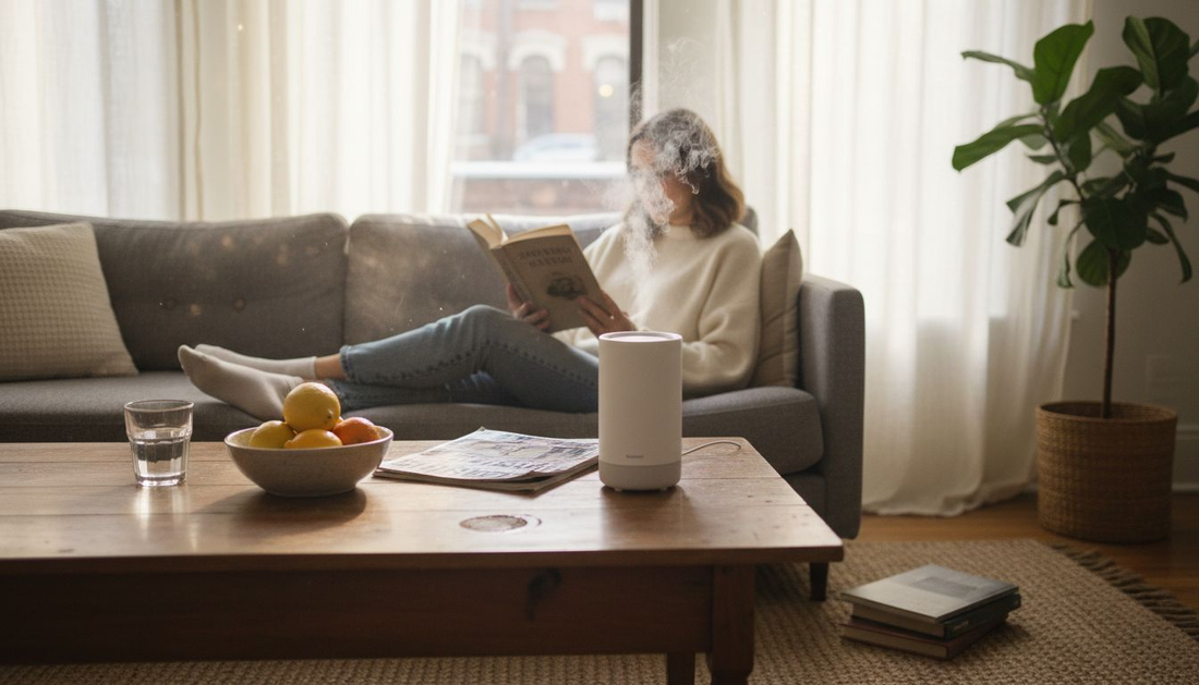 Woman relaxing near diffuser in sunlit living room