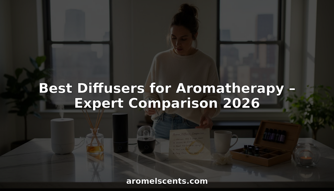 Woman comparing four aromatherapy diffusers in sunlit kitchen