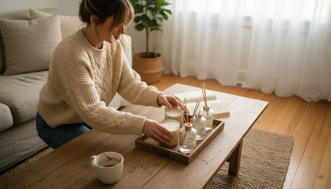 Woman arranging layered scents in living room