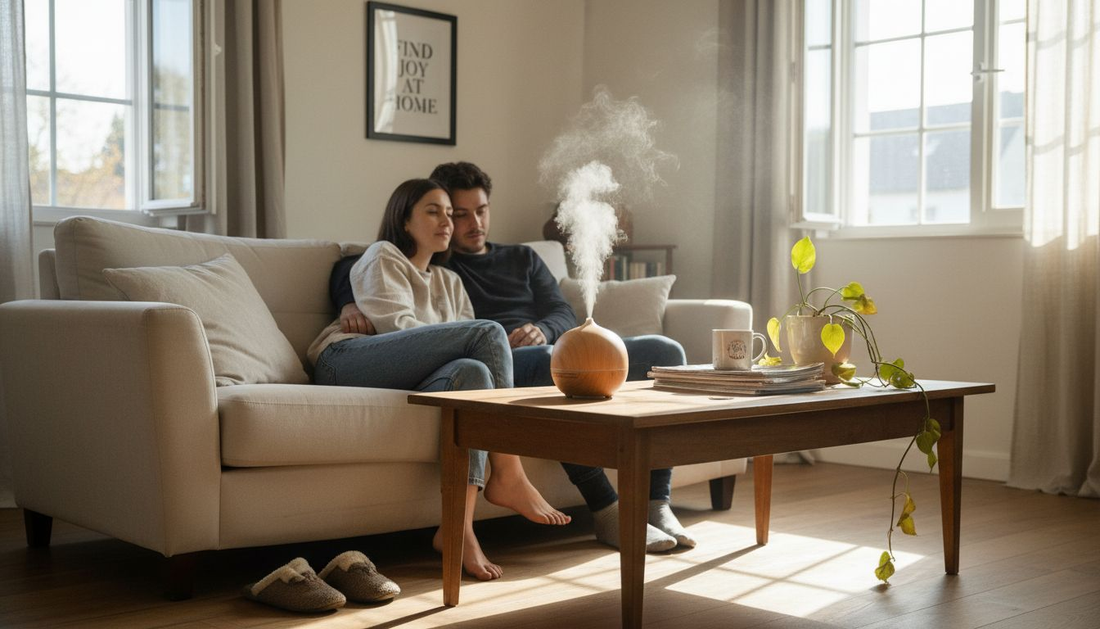 Couple using diffuser in sunlit living room