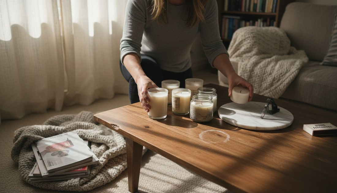 Woman setting up candle care workspace
