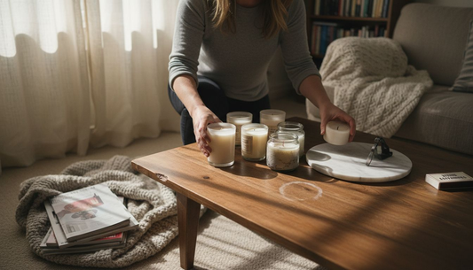 Woman setting up candle care workspace