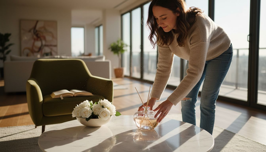 Woman arranging diffuser in luxury living room