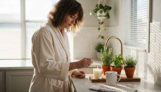Woman lighting scented candle in kitchen