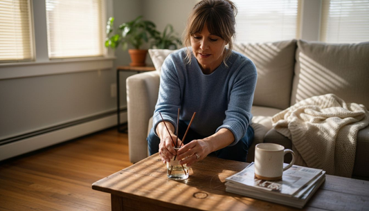 Woman placing diffuser in living room