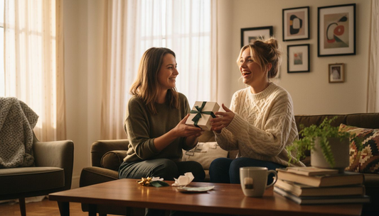 Friends exchanging perfume gift in warm home